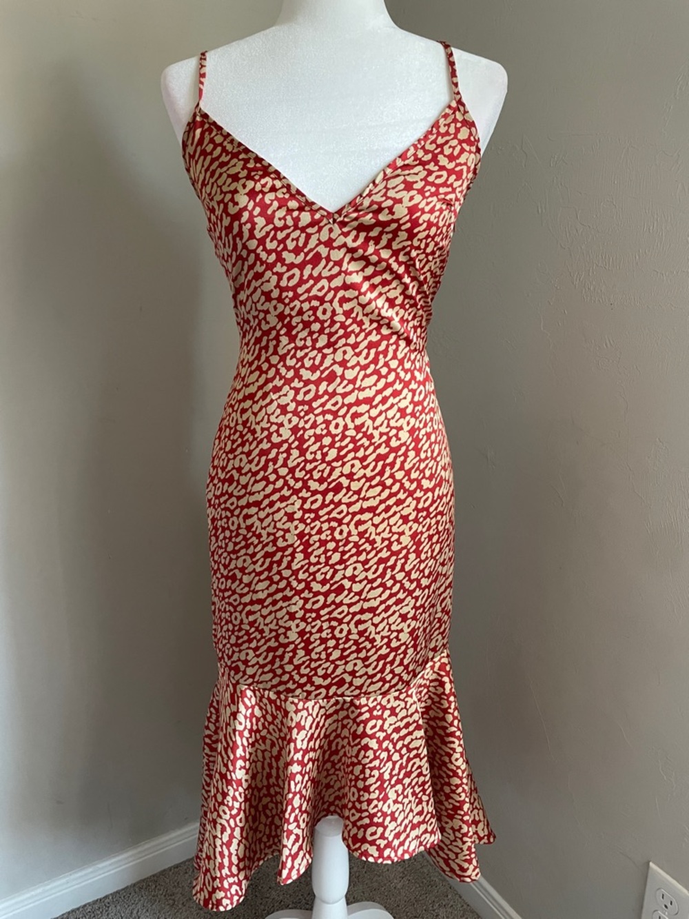 Red and Cream Leopard Print Slip Dress with Flounce Hem